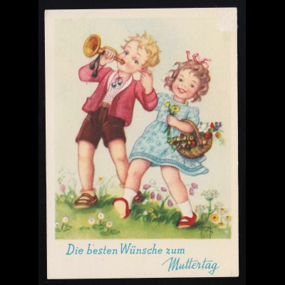 Kinder Blumenkorb Trompete fröhlich sign. MS, Wünsche Muttertag, ungebraucht