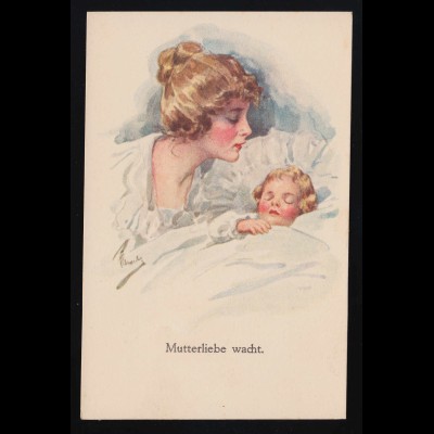 Mutterliebe wacht. Frau schlafendes Kind, Sammlung Wollmann 1899, ungebraucht