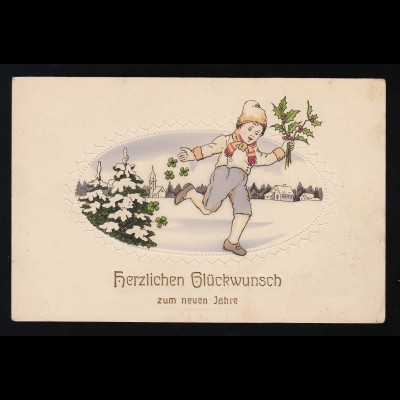 Junge läuft Schnee Stechpalmenzweig Glückwunsch Neues Jahr, gelaufen 31.12.1914