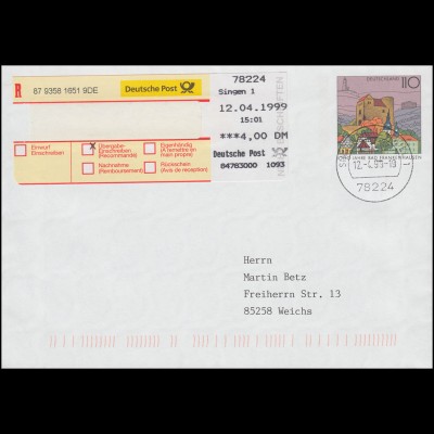 USo 5 mit EPOS-ÜE 4,00 DM als portogerechte MiF, SINGEN 12.04.1999