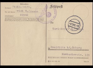 Feldpostkarte Tarnstempel 9.12.1940 von Feldpost-Nr. 02940 nach Creidlitz/Coburg