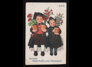 Junge & Mädchen in Tracht bringen Blumentöpfe, Glückwünsche Namenstag, 8.4.1921
