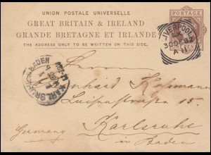 Großbritannien Postkarte P 16 Rost-Stempel LIVERPOOL LX 30.12.1882 n. Karlsruhe