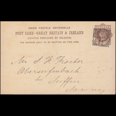 Großbritannien Postkarte P 18 Rost-Stempel LONDON W.X 11.7.1889 nach Deutschland