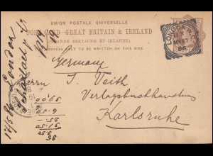 Großbritannien Postkarte P 18 Rost-Stempel LONDON W.C. 17.5.1886 nach KARLSRUHE