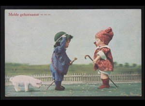 AK Kinder Puppen KÄTHE KRUSE Hund "Melde gehorsamst" MÜLFORT 10.6.1917