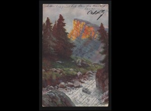 Künstler AK Alpenglühen Wildwasser Tannen Berge Tal, FRANKENTHAL 7.11.1914
