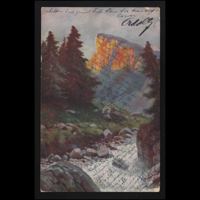 Künstler AK Alpenglühen Wildwasser Tannen Berge Tal, FRANKENTHAL 7.11.1914