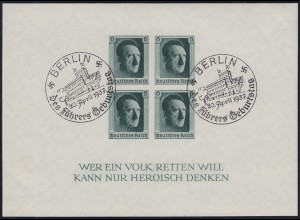 Block 8 Hitler, UNGEZÄHNT, Geburtstags-Sonderstempel SST Berlin 20.4.1937