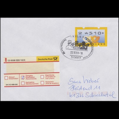 3.2 Posthörner ATM 510 als EF Übergabe-Einschreiben FDC Köln 22.10.99, codiert