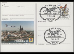 PSo 25 Briefmarken-Messe PHILATELIA Köln 1991, SSt Köln Flugzeug Ju F13