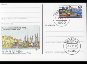 PSo 26 Briefmarkenausstellung CONFLUENTES 2000 Koblenz 1992, VS-O Berlin 9.4.92