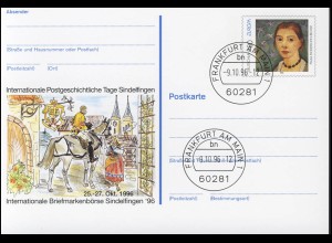 PSo 44 Briefmarkenbörse Sindelfingen Postreiter 1996, VS-O Frankfurt 09.10.1996