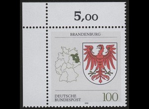 1589 Länderwappen Brandenburg 100 Pf ** Ecke o.l.