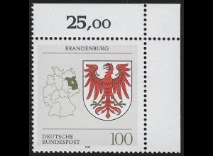 1589 Länderwappen Brandenburg 100 Pf ** Ecke o.r.