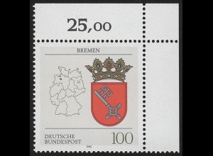 1590 Länderwappen Bremen 100 Pf ** Ecke o.r.