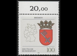 1590 Länderwappen Bremen 100 Pf ** Oberrand