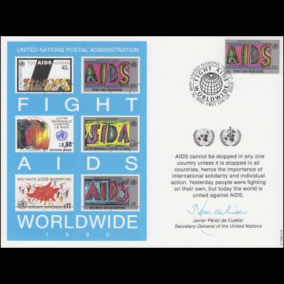 UNO Erinnerungskarte EK 37 Aids-Bekämpfung 1990, NY-FDC 16.3.1990