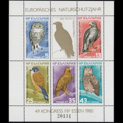 Bulgarien Block 105 Naturschutzjahr - Greifvögel und Eulen 1980, ** / MNH