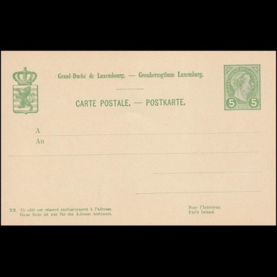 Luxemburg Postkarte P 53 Großherzog Adolf 5 C. Wertstempel rechts, ungebraucht 