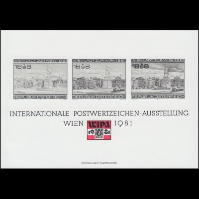 Gedenkblatt 7 Briefmarkenausstellung WIEN 1981 als Schwarzdruck