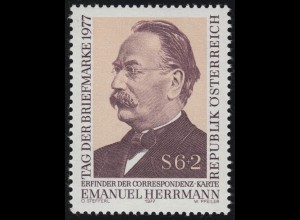 1563 Tag der Briefmarke, Emanuel Herrmann, Erfinder Postkarte 6 S + 2 S, **