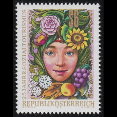 1577 25 Jahre Sozialtourismus, Mädchenkopf Blumen, Obst umrahmt, 6 S, **