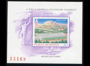 Rumänien Block 162 Olympia Moskau 1980: Athen Fackelläufer Stadion, ** / MNH