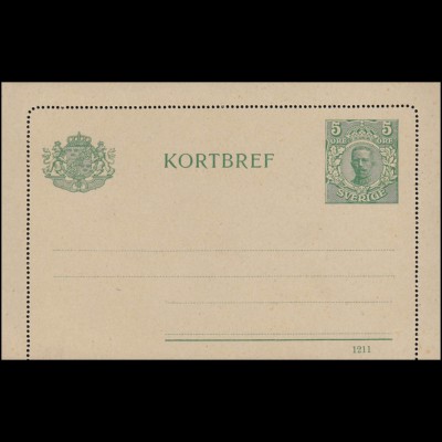 Schweden Kartenbrief K 9 KORTBREF König Gustav 5 Öre Druckdatum 1211, **